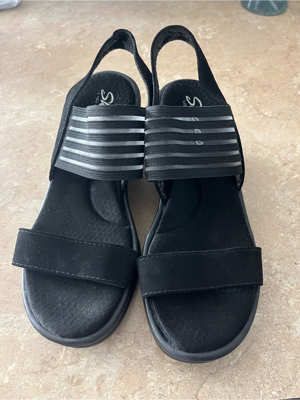 Skechers Black Slip-On Striped Elastic Slingback Sandals